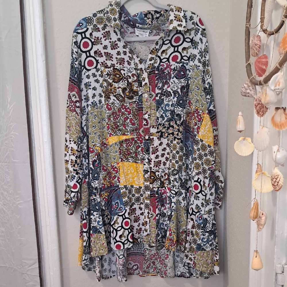 For The Republic Multicolor Patchwork Button Down… - image 1